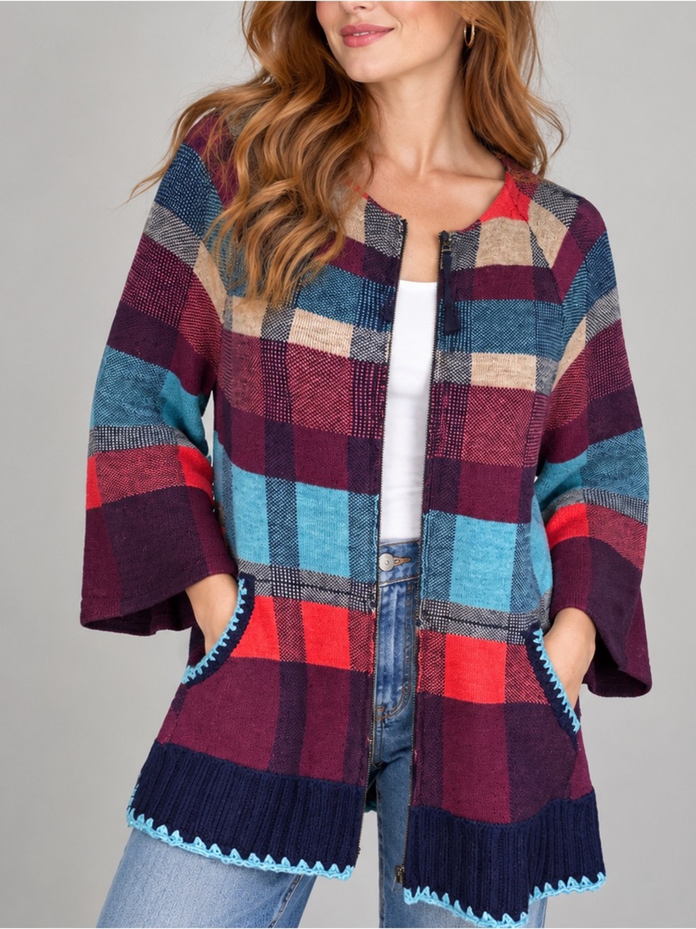 Monogram by Anthropologie Plaid Wool Blend Boho Crochet Trim Zip Cardigan Sz S